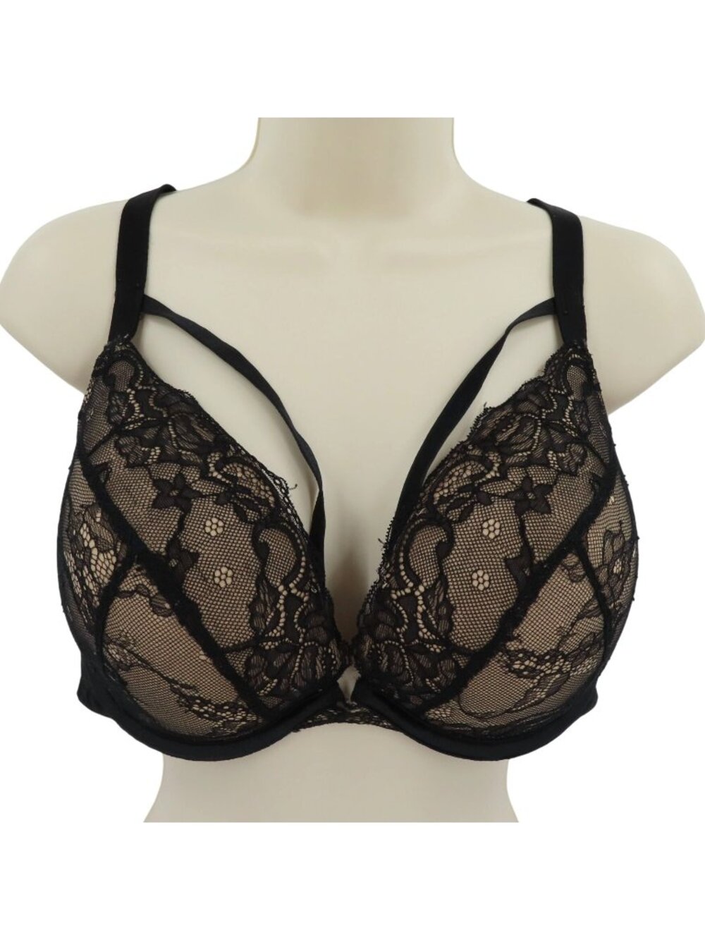 Cacique 42D Bra Black Floral Flower Lace Beige Underwire Strappy Lined Plus Size